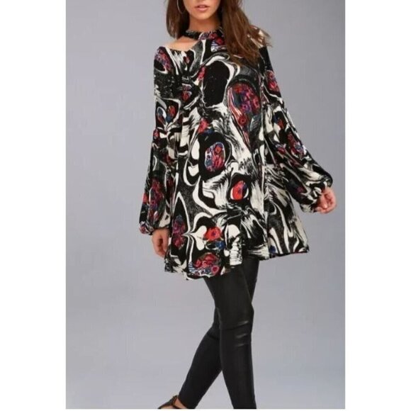 Free People Dress Womens Large Drift Away Black Abstract Cold Shoulder Tunic - Picture 7 of 10